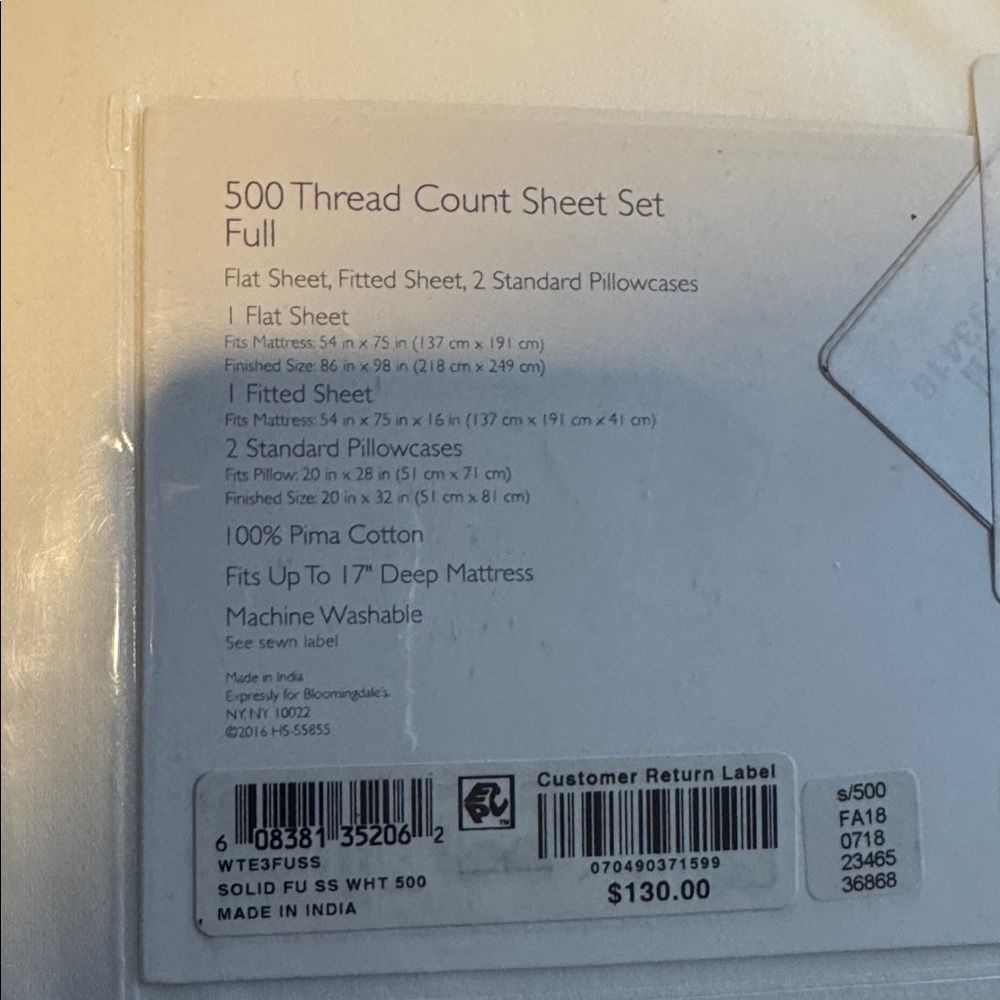 Sky 500 Thread Count Full Prima Cotton Sheet Set in White - Picture 3 of 3